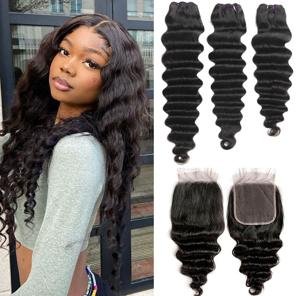 Deep Wave 3 Bundles With Closure - Ciocche di Capelli Umani Ondulati Profondi